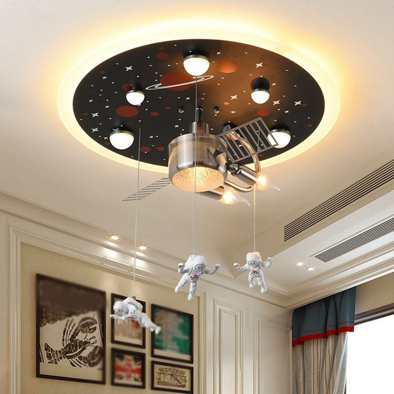 Metallic Space Ship Flush Mount Lighting Kids Style LED Flush Mount with Astronaut Decor in Black Clearhalo 'Ceiling Lights' 'Close To Ceiling Lights' 'Close to ceiling' 'Flush mount' Lighting' 2252994