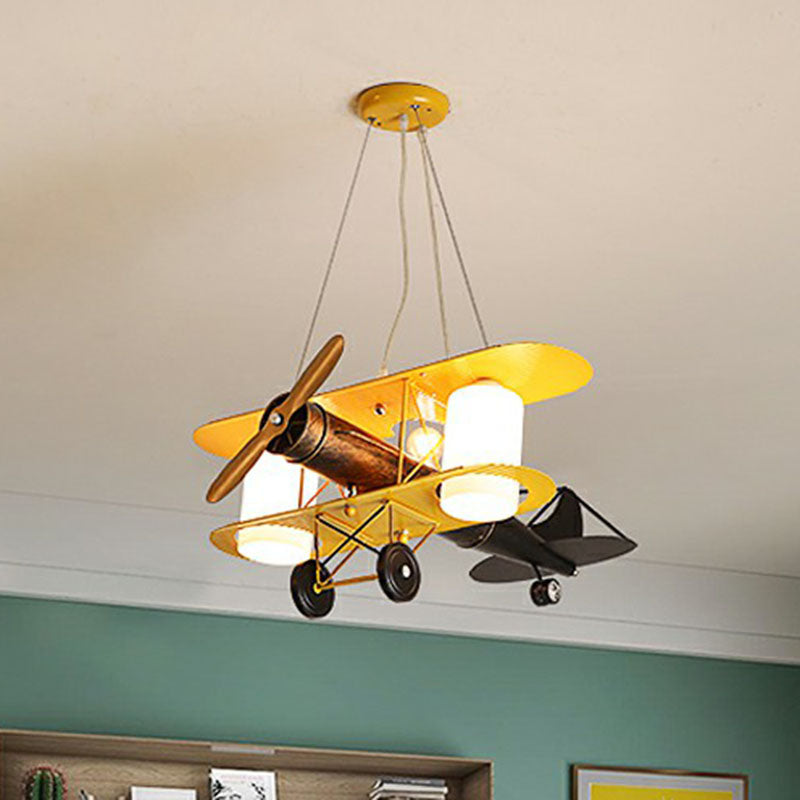 Aircraft Chandelier Pendant Light Cartoon Metallic Yellow LED Ceiling Light with Cylinder Frosted Glass Shade Clearhalo 'Ceiling Lights' 'Chandeliers' Lighting' options 2253044