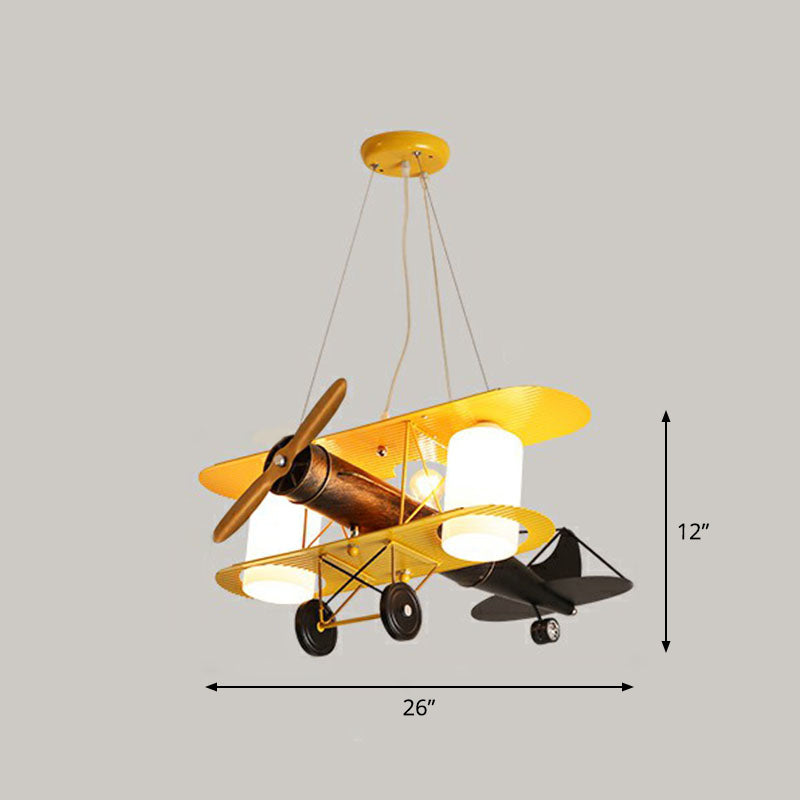 Aircraft Chandelier Pendant Light Cartoon Metallic Yellow LED Ceiling Light with Cylinder Frosted Glass Shade Clearhalo 'Ceiling Lights' 'Chandeliers' Lighting' options 2253045