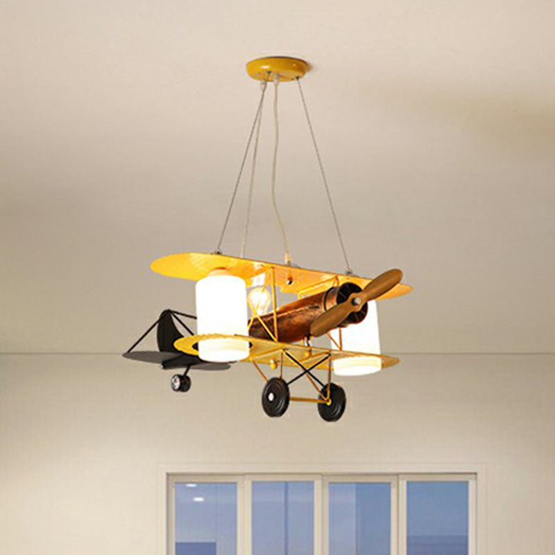 Aircraft Chandelier Pendant Light Cartoon Metallic Yellow LED Ceiling Light with Cylinder Frosted Glass Shade Clearhalo 'Ceiling Lights' 'Chandeliers' Lighting' options 2253047