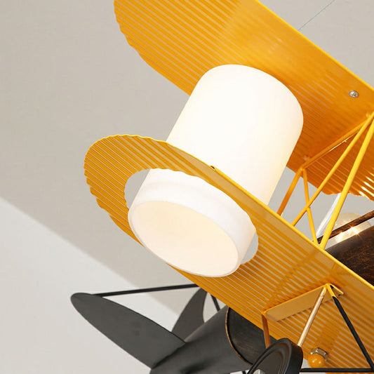 Aircraft Chandelier Pendant Light Cartoon Metallic Yellow LED Ceiling Light with Cylinder Frosted Glass Shade Clearhalo 'Ceiling Lights' 'Chandeliers' Lighting' options 2253049
