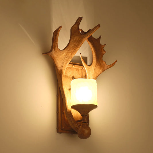Antler Resin Wall Mount Light Retro 1-Light Study Room Wall Lighting with Frosted Glass Shade in Brown Clearhalo 'Wall Lamps & Sconces' 'Wall Lights' Lighting' 2253186