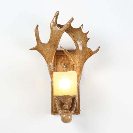 Antler Resin Wall Mount Light Retro 1-Light Study Room Wall Lighting with Frosted Glass Shade in Brown Clearhalo 'Wall Lamps & Sconces' 'Wall Lights' Lighting' 2253187