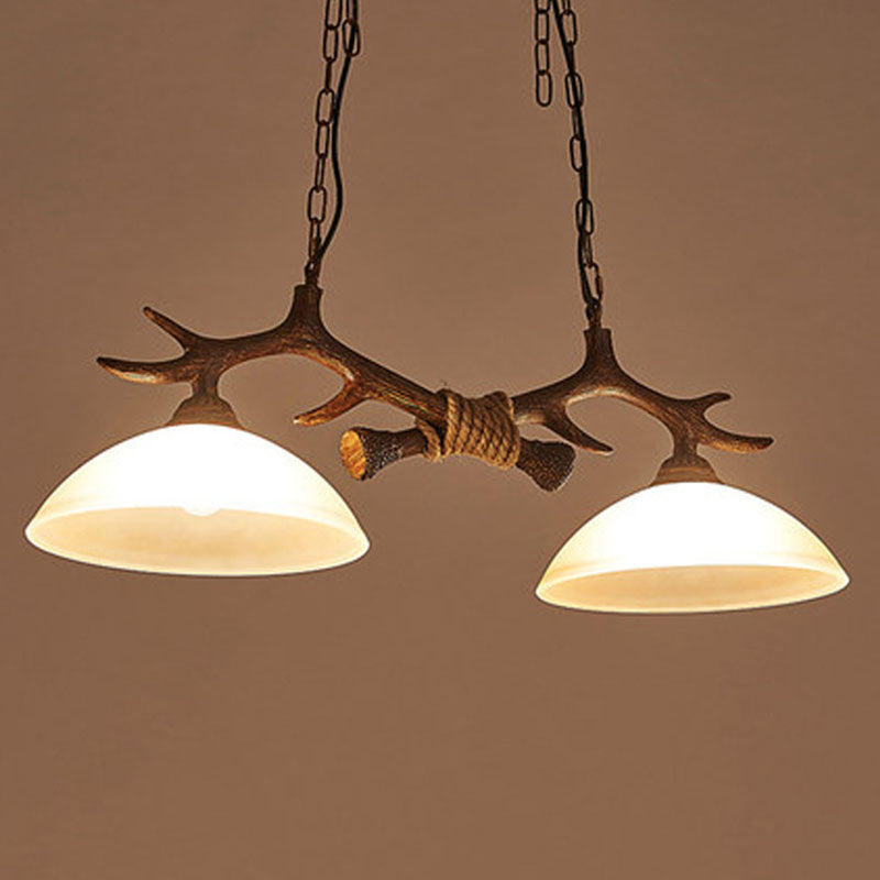 Beige Glass Dark Coffee Pendant Light Dome 2 Heads Restaurant Hanging Island Light with Antler Decor Clearhalo 'Ceiling Lights' 'Island Lights' Lighting' 2253195