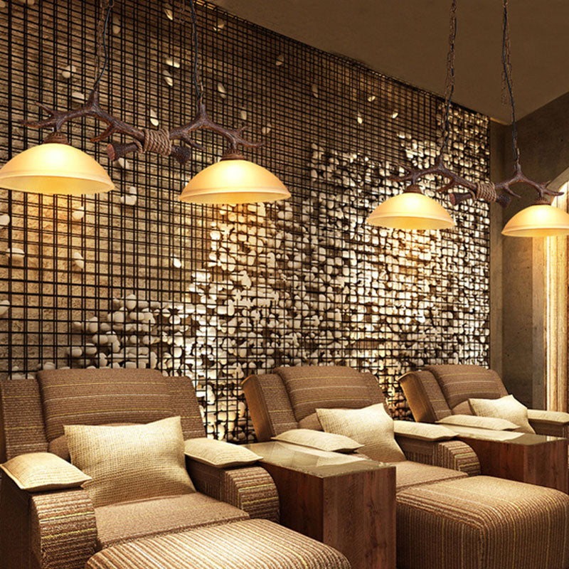 Beige Glass Dark Coffee Pendant Light Dome 2 Heads Restaurant Hanging Island Light with Antler Decor Clearhalo 'Ceiling Lights' 'Island Lights' Lighting' 2253197