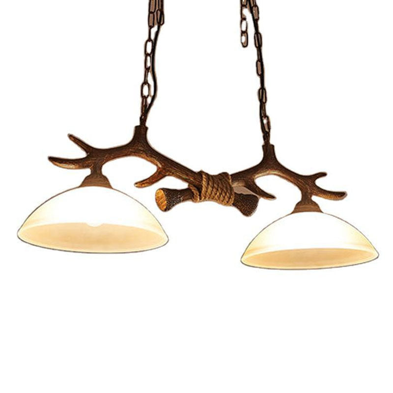 Beige Glass Dark Coffee Pendant Light Dome 2 Heads Restaurant Hanging Island Light with Antler Decor Clearhalo 'Ceiling Lights' 'Island Lights' Lighting' 2253198