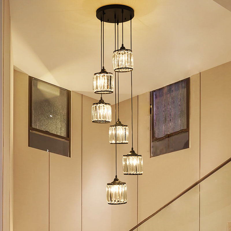 Modern Drum Multi Light Pendant Tri-Prism Crystal Staircase Hanging Lighting in Black Clearhalo 'Ceiling Lights' 'Modern Pendants' 'Modern' 'Pendant Lights' 'Pendants' Lighting' 2253569
