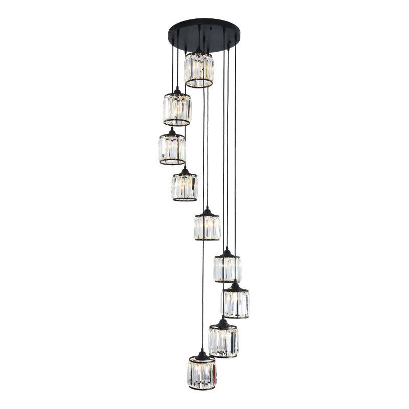 Modern Drum Multi Light Pendant Tri-Prism Crystal Staircase Hanging Lighting in Black Clearhalo 'Ceiling Lights' 'Modern Pendants' 'Modern' 'Pendant Lights' 'Pendants' Lighting' 2253571