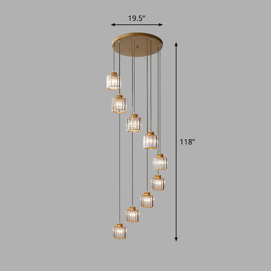 Spiral Cylinder Multi Ceiling Lamp Contemporary Prismatic Crystal Stairwell Suspension Light Fixture 9 Gold White Clearhalo 'Ceiling Lights' 'Modern Pendants' 'Modern' 'Pendant Lights' 'Pendants' Lighting' 2253587