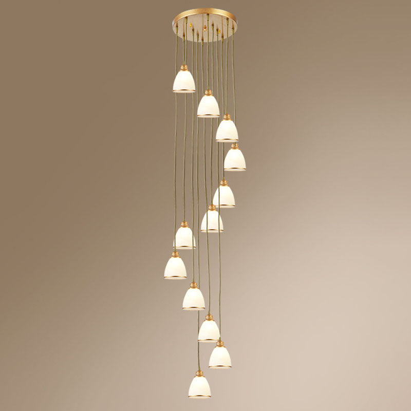 Spiral Bell Shade Staircase Hanging Light Cream Glass Simplicity Multi Light Pendant 12 Gold Clearhalo 'Ceiling Lights' 'Modern Pendants' 'Modern' 'Pendant Lights' 'Pendants' Lighting' 2253595
