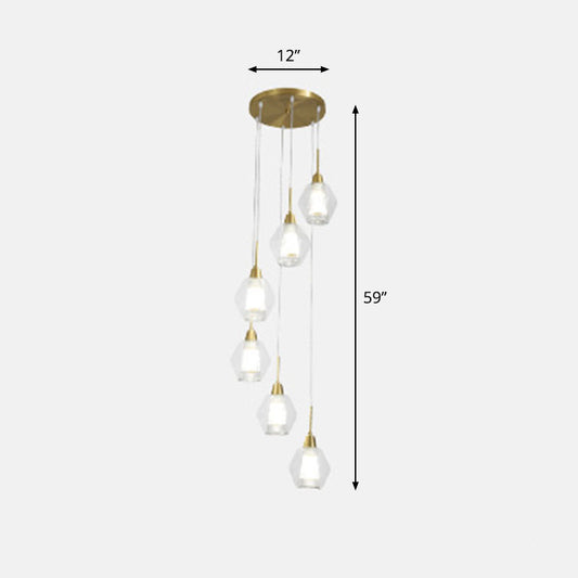 Clear Handblown Glass Shaded Multi Ceiling Light Nordic Style Gold Suspension Lighting for Staircase 6 Gold Clearhalo 'Ceiling Lights' 'Modern Pendants' 'Modern' 'Pendant Lights' 'Pendants' Lighting' 2253609