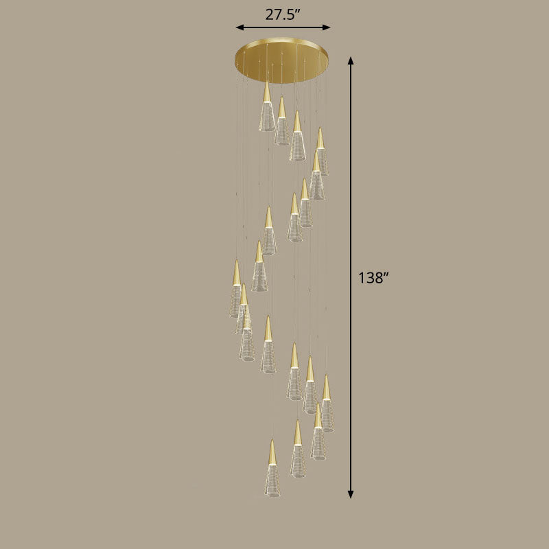 Modern Style Spiral Conical Multi Light Pendant Acrylic Stairwell Hanging Lighting 19 Gold Clearhalo 'Ceiling Lights' 'Modern Pendants' 'Modern' 'Pendant Lights' 'Pendants' Lighting' 2253625