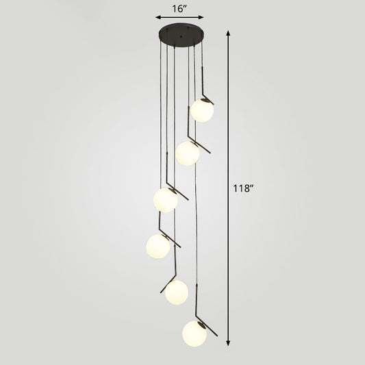 Spiral Globe Stairwell Hanging Lighting Opal Glass Simplicity Multi Light Pendant 6 Black Clearhalo 'Ceiling Lights' 'Modern Pendants' 'Modern' 'Pendant Lights' 'Pendants' Lighting' 2253635