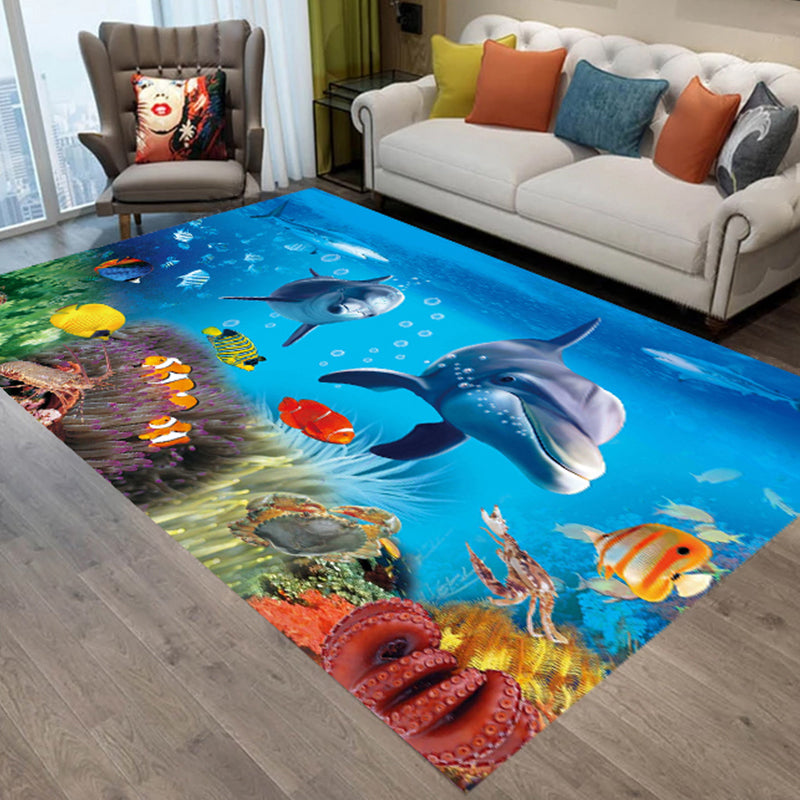 Cute Animal Print Rug Multi Colored Polypropylene Area Rug Polyster Non-Slip Backing Washable Carpet Water Blue Clearhalo 'Area Rug' 'Rug' 2253822