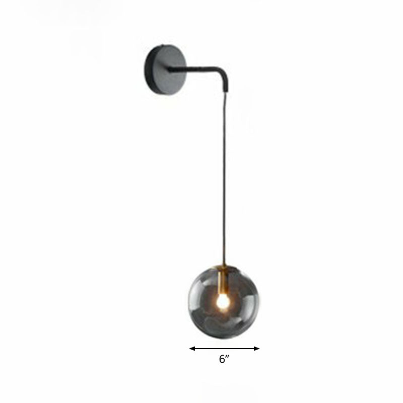 Glass Spherical Wall Sconce Light Simple Single Bulb Wall Hanging Lighting for Living Room Black 6" Smoke Grey Clearhalo 'Cast Iron' 'Glass' 'Industrial' 'Modern wall lights' 'Modern' 'Tiffany' 'Traditional wall lights' 'Wall Lamps & Sconces' 'Wall Lights' Lighting' 2254348