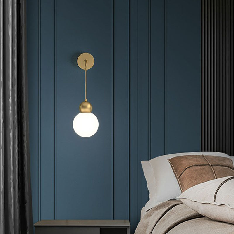 Orb Shaped Wall Lamp Simplicity Milky Glass 1 Head Gold Sconce Light with Hanging Cord Clearhalo 'Cast Iron' 'Glass' 'Industrial' 'Modern wall lights' 'Modern' 'Tiffany' 'Traditional wall lights' 'Wall Lamps & Sconces' 'Wall Lights' Lighting' 2254372