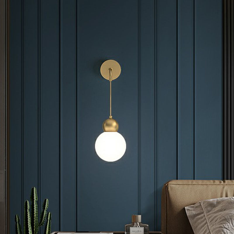 Orb Shaped Wall Lamp Simplicity Milky Glass 1 Head Gold Sconce Light with Hanging Cord Clearhalo 'Cast Iron' 'Glass' 'Industrial' 'Modern wall lights' 'Modern' 'Tiffany' 'Traditional wall lights' 'Wall Lamps & Sconces' 'Wall Lights' Lighting' 2254376