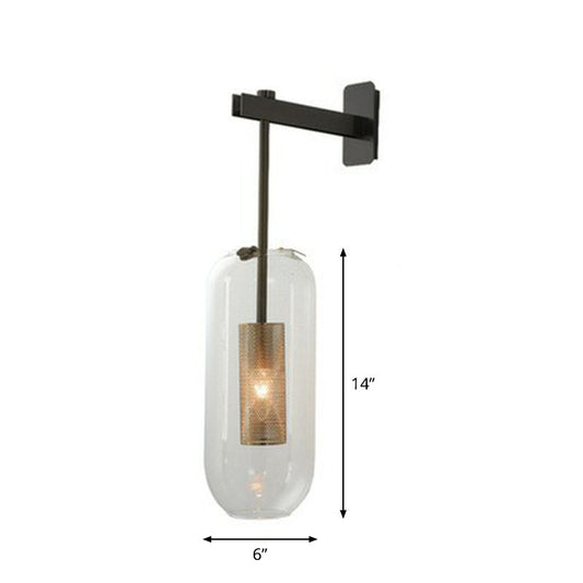 Transparent Glass Capsule Sconce Lighting Simple 1-Light Wall Mount Light with Wire Mesh Guard Inside Black Clearhalo 'Cast Iron' 'Glass' 'Industrial' 'Modern wall lights' 'Modern' 'Tiffany' 'Traditional wall lights' 'Wall Lamps & Sconces' 'Wall Lights' Lighting' 2254382