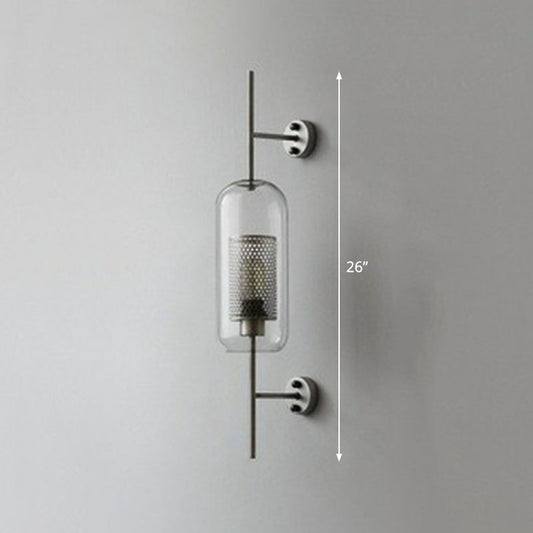 Metal Mesh Screen Wall Light Sconce Minimalist 1-Head Wall Mount Lamp with Clear Glass Shade Silver Cylinder Clearhalo 'Cast Iron' 'Glass' 'Industrial' 'Modern wall lights' 'Modern' 'Tiffany' 'Traditional wall lights' 'Wall Lamps & Sconces' 'Wall Lights' Lighting' 2254390