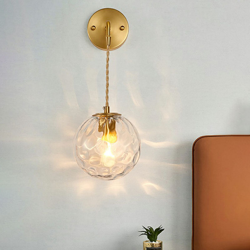 Minimalist Single-Bulb Wall Light Fixture Gold Ball Sconce with Hammered Glass Shade Clearhalo 'Cast Iron' 'Glass' 'Industrial' 'Modern wall lights' 'Modern' 'Tiffany' 'Traditional wall lights' 'Wall Lamps & Sconces' 'Wall Lights' Lighting' 2254396