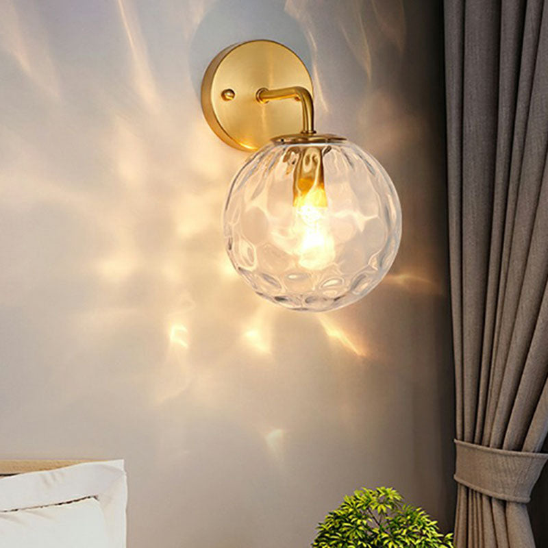 Minimalist Single-Bulb Wall Light Fixture Gold Ball Sconce with Hammered Glass Shade Clearhalo 'Cast Iron' 'Glass' 'Industrial' 'Modern wall lights' 'Modern' 'Tiffany' 'Traditional wall lights' 'Wall Lamps & Sconces' 'Wall Lights' Lighting' 2254400