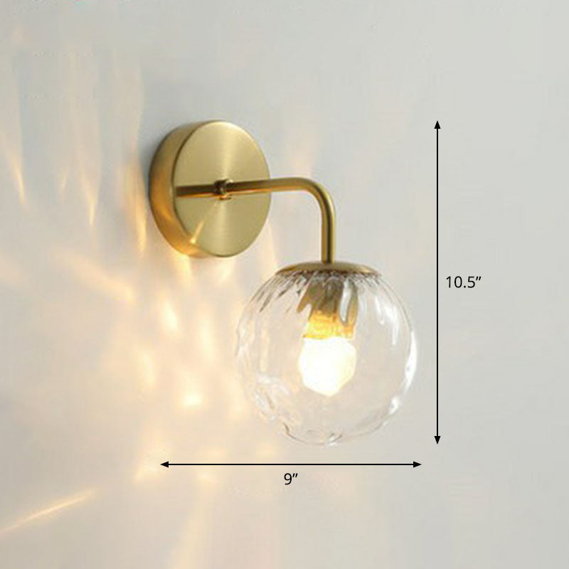 Spherical Wall Mount Light Simple Rippled Glass 1 Head Bedroom Reading Wall Lamp Gold Clearhalo 'Cast Iron' 'Glass' 'Industrial' 'Modern wall lights' 'Modern' 'Tiffany' 'Traditional wall lights' 'Wall Lamps & Sconces' 'Wall Lights' Lighting' 2254419
