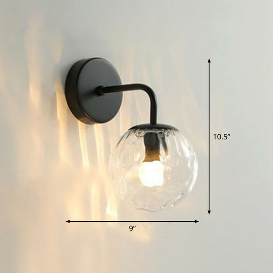 Spherical Wall Mount Light Simple Rippled Glass 1 Head Bedroom Reading Wall Lamp Black Clearhalo 'Cast Iron' 'Glass' 'Industrial' 'Modern wall lights' 'Modern' 'Tiffany' 'Traditional wall lights' 'Wall Lamps & Sconces' 'Wall Lights' Lighting' 2254421
