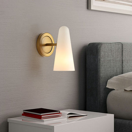 1-Light Living Room Wall Lighting Minimalism Gold Sconce Light with Cone Frosted Glass Shade Clearhalo 'Cast Iron' 'Glass' 'Industrial' 'Modern wall lights' 'Modern' 'Tiffany' 'Traditional wall lights' 'Wall Lamps & Sconces' 'Wall Lights' Lighting' 2254423