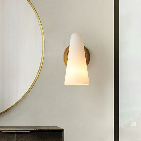 1-Light Living Room Wall Lighting Minimalism Gold Sconce Light with Cone Frosted Glass Shade Clearhalo 'Cast Iron' 'Glass' 'Industrial' 'Modern wall lights' 'Modern' 'Tiffany' 'Traditional wall lights' 'Wall Lamps & Sconces' 'Wall Lights' Lighting' 2254425