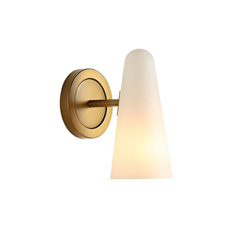 1-Light Living Room Wall Lighting Minimalism Gold Sconce Light with Cone Frosted Glass Shade Clearhalo 'Cast Iron' 'Glass' 'Industrial' 'Modern wall lights' 'Modern' 'Tiffany' 'Traditional wall lights' 'Wall Lamps & Sconces' 'Wall Lights' Lighting' 2254426