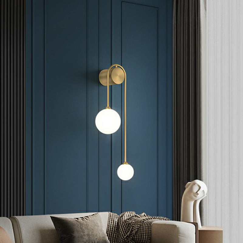 Opal Glass Ball Wall Mounted Lighting Designer 2 Heads Gold Finish Sconce Fixture for Living Room Clearhalo 'Cast Iron' 'Glass' 'Industrial' 'Modern wall lights' 'Modern' 'Tiffany' 'Traditional wall lights' 'Wall Lamps & Sconces' 'Wall Lights' Lighting' 2254451