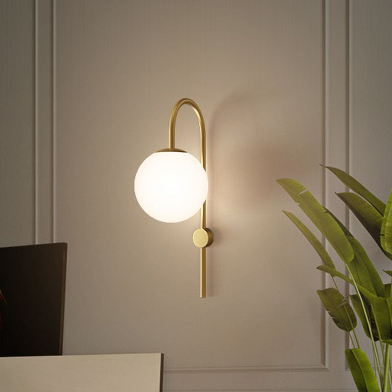Cream Glass Globe Wall Lamp Sconce Postmodern 1-Bulb Wall Lighting with Gooseneck Arm in Gold Clearhalo 'Cast Iron' 'Glass' 'Industrial' 'Modern wall lights' 'Modern' 'Tiffany' 'Traditional wall lights' 'Wall Lamps & Sconces' 'Wall Lights' Lighting' 2254458
