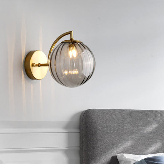 1-Bulb Bedside Wall Lighting Simple Gold Finish Sconce with Ball Rib Glass Shade Clearhalo 'Cast Iron' 'Glass' 'Industrial' 'Modern wall lights' 'Modern' 'Tiffany' 'Traditional wall lights' 'Wall Lamps & Sconces' 'Wall Lights' Lighting' 2254476