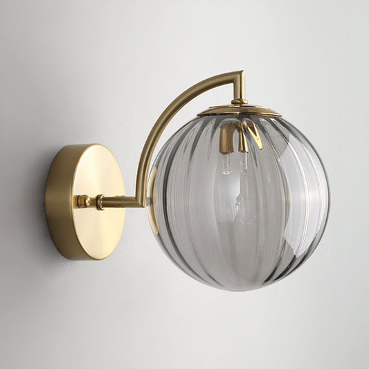 1-Bulb Bedside Wall Lighting Simple Gold Finish Sconce with Ball Rib Glass Shade Smoke Gray Clearhalo 'Cast Iron' 'Glass' 'Industrial' 'Modern wall lights' 'Modern' 'Tiffany' 'Traditional wall lights' 'Wall Lamps & Sconces' 'Wall Lights' Lighting' 2254477