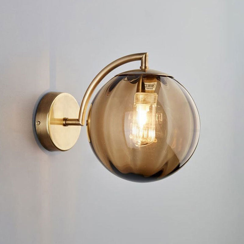 1-Bulb Bedside Wall Lighting Simple Gold Finish Sconce with Ball Rib Glass Shade Amber Clearhalo 'Cast Iron' 'Glass' 'Industrial' 'Modern wall lights' 'Modern' 'Tiffany' 'Traditional wall lights' 'Wall Lamps & Sconces' 'Wall Lights' Lighting' 2254478
