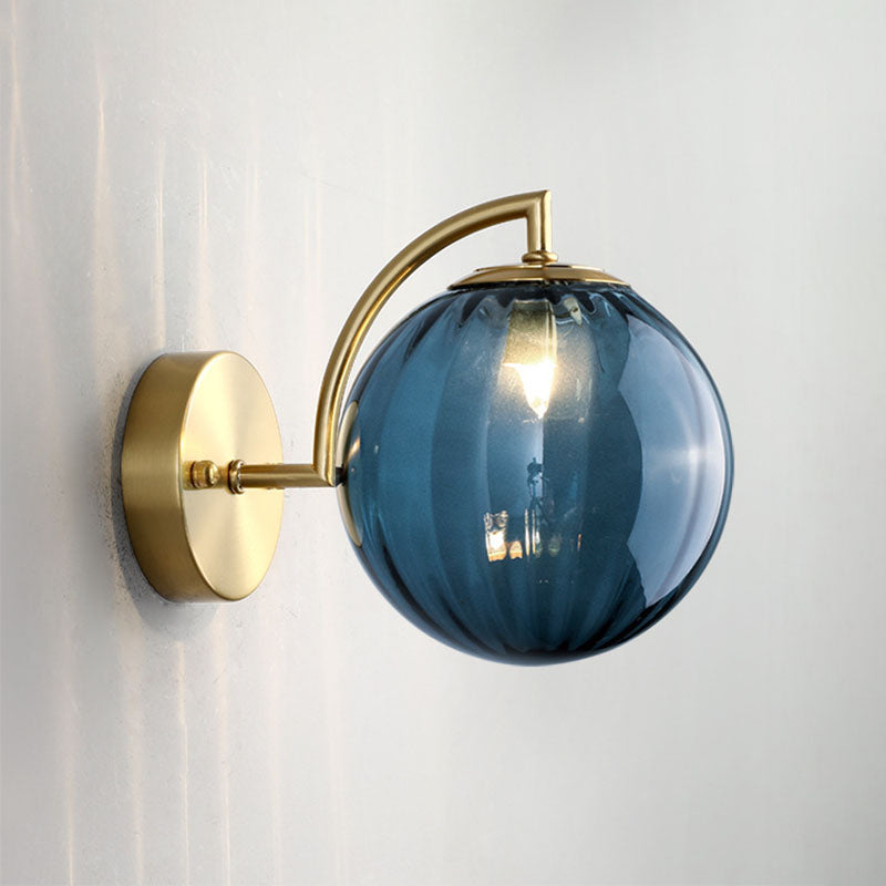 1-Bulb Bedside Wall Lighting Simple Gold Finish Sconce with Ball Rib Glass Shade Blue Clearhalo 'Cast Iron' 'Glass' 'Industrial' 'Modern wall lights' 'Modern' 'Tiffany' 'Traditional wall lights' 'Wall Lamps & Sconces' 'Wall Lights' Lighting' 2254479