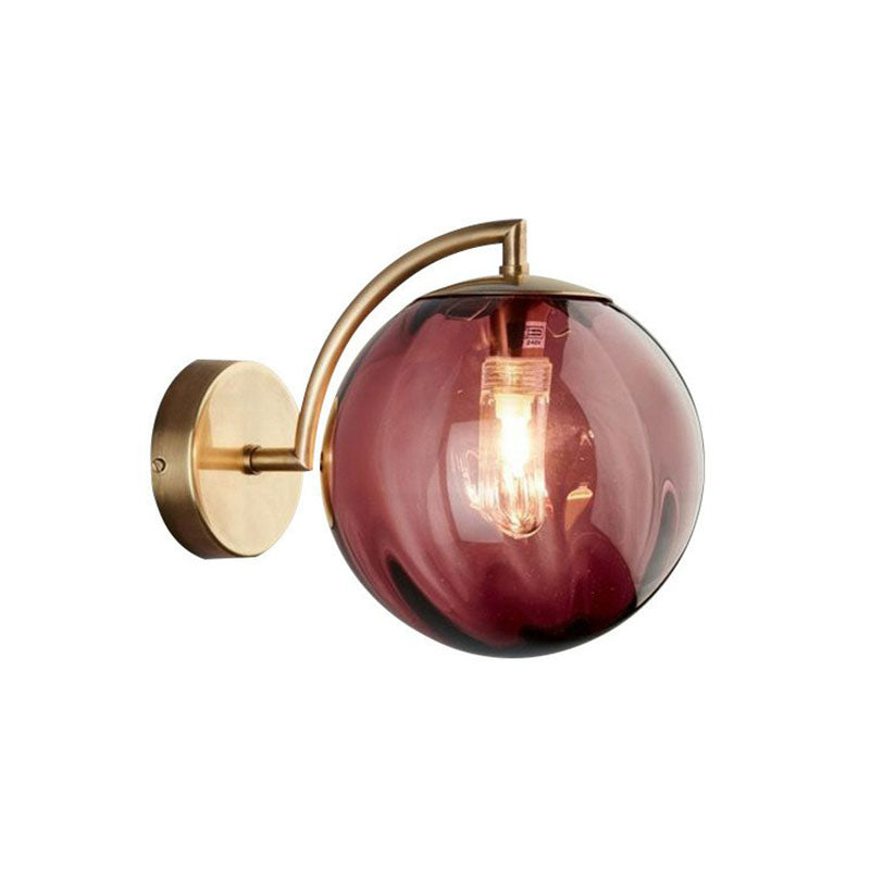 1-Bulb Bedside Wall Lighting Simple Gold Finish Sconce with Ball Rib Glass Shade Red Clearhalo 'Cast Iron' 'Glass' 'Industrial' 'Modern wall lights' 'Modern' 'Tiffany' 'Traditional wall lights' 'Wall Lamps & Sconces' 'Wall Lights' Lighting' 2254480