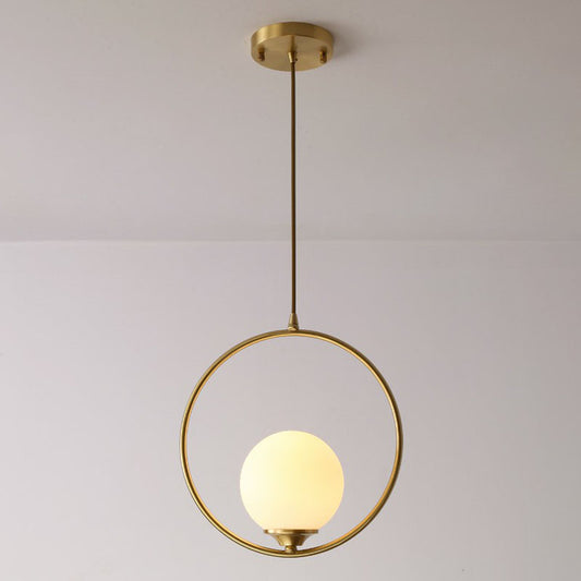 Antiqued Gold Ball Shaped Ceiling Lamp Minimalist 1 Bulb Cream Glass Suspension Light with Ring Decoration Gold Clearhalo 'Ceiling Lights' 'Modern Pendants' 'Modern' 'Pendant Lights' 'Pendants' Lighting' 2254491