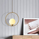 Antiqued Gold Ball Shaped Ceiling Lamp Minimalist 1 Bulb Cream Glass Suspension Light with Ring Decoration Clearhalo 'Ceiling Lights' 'Modern Pendants' 'Modern' 'Pendant Lights' 'Pendants' Lighting' 2254494