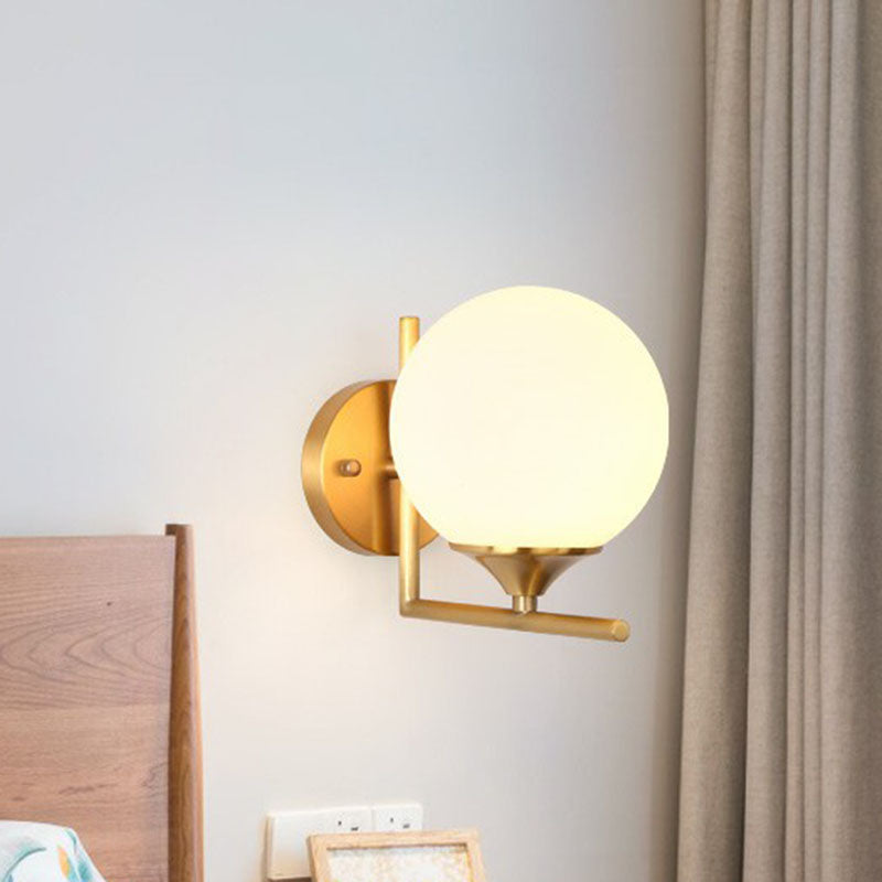 Sphere Bedside Wall Sconce Milk Glass 1-Light Minimalist Wall Mounted Light with Right Angle Arm in Gold Clearhalo 'Cast Iron' 'Glass' 'Industrial' 'Modern wall lights' 'Modern' 'Tiffany' 'Traditional wall lights' 'Wall Lamps & Sconces' 'Wall Lights' Lighting' 2254518