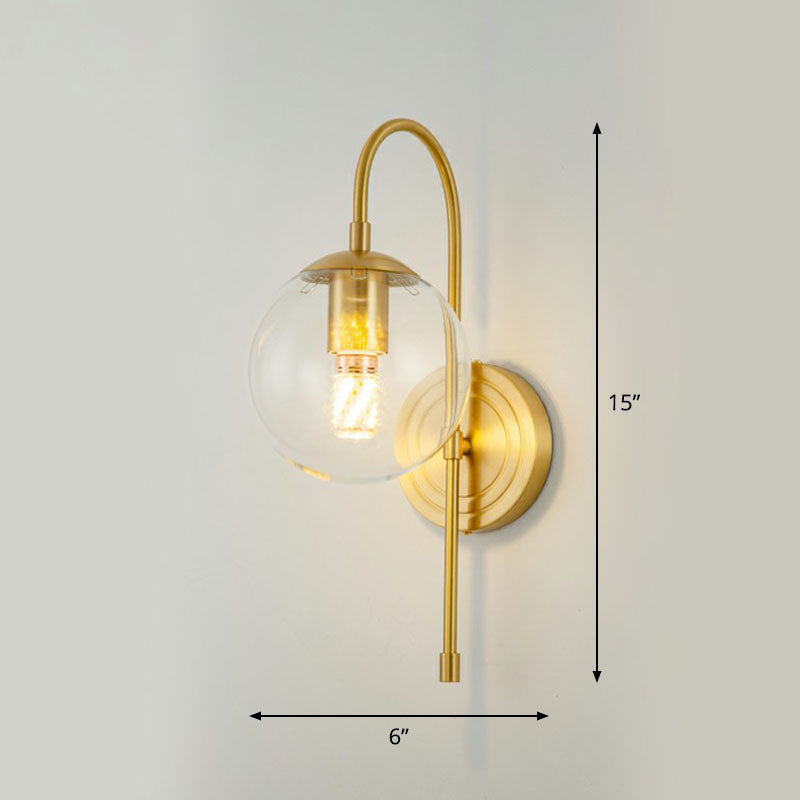 Gooseneck Restaurant Wall Lighting Ideas Metal 1-Light Minimalist Wall Sconce with Ball Glass Shade Gold Clear Clearhalo 'Cast Iron' 'Glass' 'Industrial' 'Modern wall lights' 'Modern' 'Tiffany' 'Traditional wall lights' 'Wall Lamps & Sconces' 'Wall Lights' Lighting' 2254523