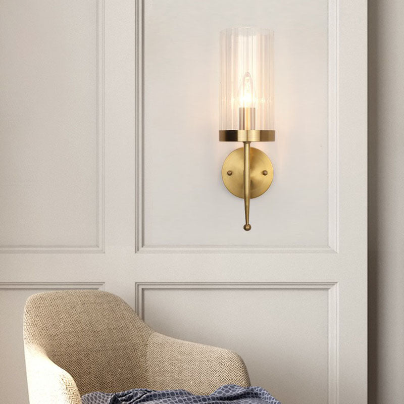 Fluted Glass Cylinder Wall Lamp Post-Modern 1 Head Gold Finish Sconce Light for Living Room Clearhalo 'Cast Iron' 'Glass' 'Industrial' 'Modern wall lights' 'Modern' 'Tiffany' 'Traditional wall lights' 'Wall Lamps & Sconces' 'Wall Lights' Lighting' 2254539
