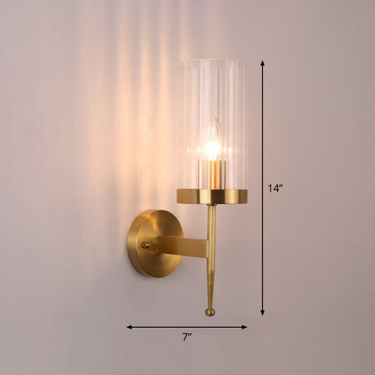 Fluted Glass Cylinder Wall Lamp Post-Modern 1 Head Gold Finish Sconce Light for Living Room Gold 4" Clearhalo 'Cast Iron' 'Glass' 'Industrial' 'Modern wall lights' 'Modern' 'Tiffany' 'Traditional wall lights' 'Wall Lamps & Sconces' 'Wall Lights' Lighting' 2254540