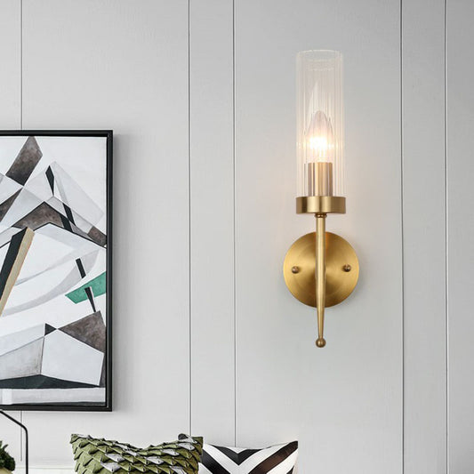Fluted Glass Cylinder Wall Lamp Post-Modern 1 Head Gold Finish Sconce Light for Living Room Clearhalo 'Cast Iron' 'Glass' 'Industrial' 'Modern wall lights' 'Modern' 'Tiffany' 'Traditional wall lights' 'Wall Lamps & Sconces' 'Wall Lights' Lighting' 2254542