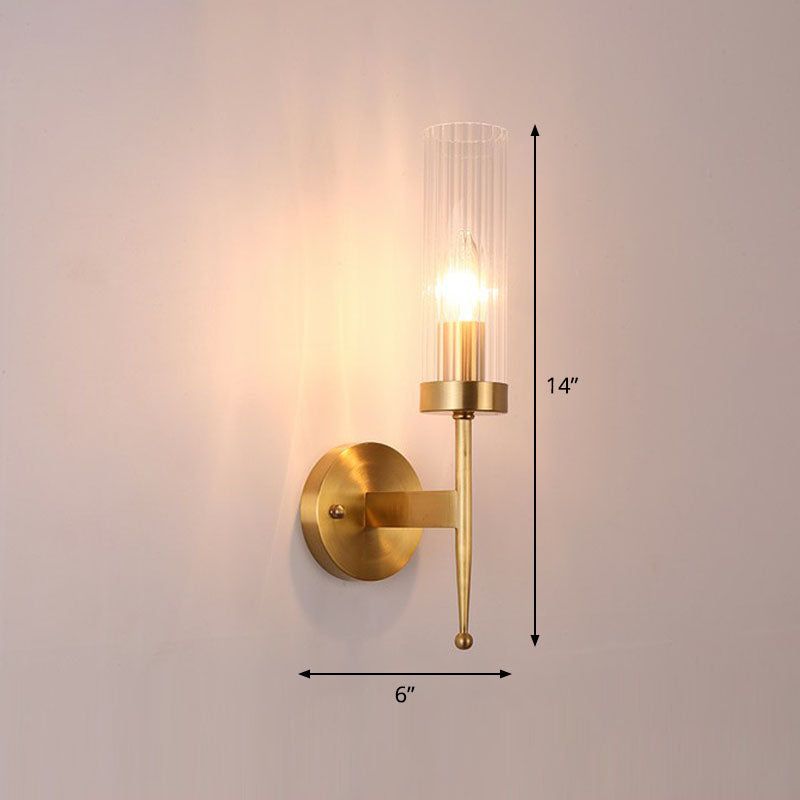 Fluted Glass Cylinder Wall Lamp Post-Modern 1 Head Gold Finish Sconce Light for Living Room Gold 2" Clearhalo 'Cast Iron' 'Glass' 'Industrial' 'Modern wall lights' 'Modern' 'Tiffany' 'Traditional wall lights' 'Wall Lamps & Sconces' 'Wall Lights' Lighting' 2254544