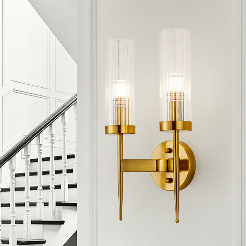 Cylindrical Stairs Wall Lighting Ideas Clear Ribbed Glass Postmodern Wall Mount Light in Gold Clearhalo 'Cast Iron' 'Glass' 'Industrial' 'Modern wall lights' 'Modern' 'Tiffany' 'Traditional wall lights' 'Wall Lamps & Sconces' 'Wall Lights' Lighting' 2254547