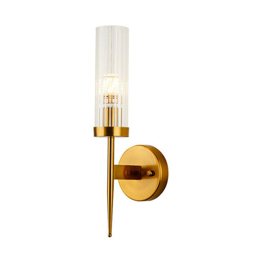 Cylindrical Stairs Wall Lighting Ideas Clear Ribbed Glass Postmodern Wall Mount Light in Gold Clearhalo 'Cast Iron' 'Glass' 'Industrial' 'Modern wall lights' 'Modern' 'Tiffany' 'Traditional wall lights' 'Wall Lamps & Sconces' 'Wall Lights' Lighting' 2254549