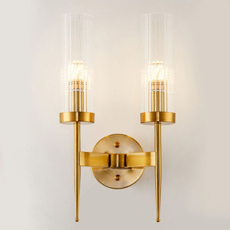 Cylindrical Stairs Wall Lighting Ideas Clear Ribbed Glass Postmodern Wall Mount Light in Gold 2.0 Gold Clearhalo 'Cast Iron' 'Glass' 'Industrial' 'Modern wall lights' 'Modern' 'Tiffany' 'Traditional wall lights' 'Wall Lamps & Sconces' 'Wall Lights' Lighting' 2254550