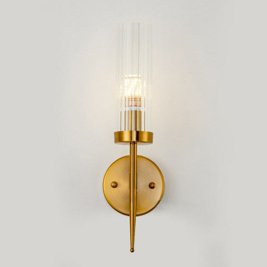 Cylindrical Stairs Wall Lighting Ideas Clear Ribbed Glass Postmodern Wall Mount Light in Gold 1.0 Gold Clearhalo 'Cast Iron' 'Glass' 'Industrial' 'Modern wall lights' 'Modern' 'Tiffany' 'Traditional wall lights' 'Wall Lamps & Sconces' 'Wall Lights' Lighting' 2254551