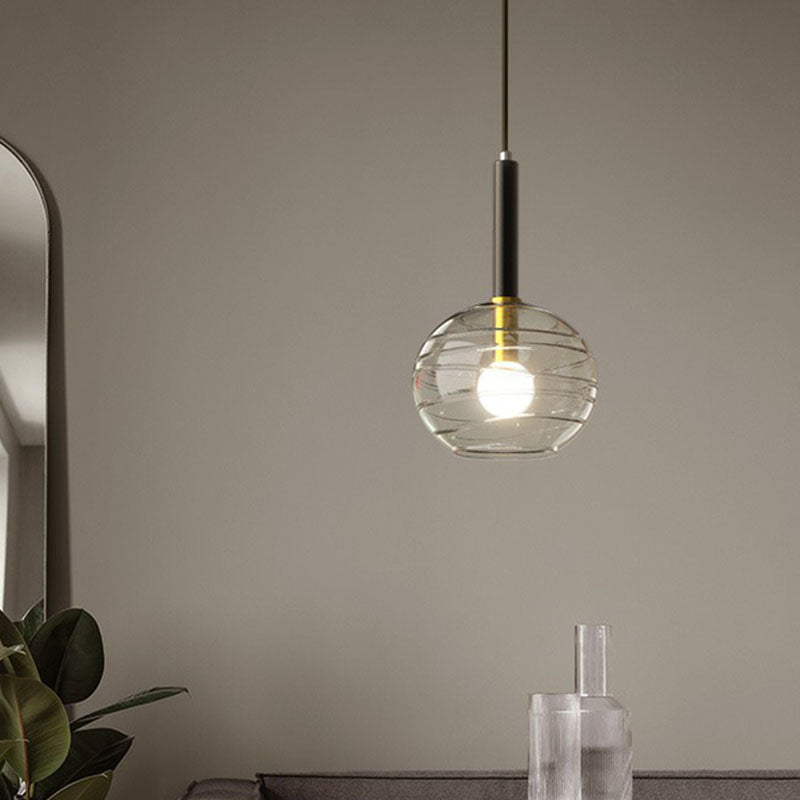 Modern Spherical Hanging Lighting Transparent Textured Glass Single Dining Room Pendant in Black Black Clearhalo 'Ceiling Lights' 'Modern Pendants' 'Modern' 'Pendant Lights' 'Pendants' Lighting' 2254807